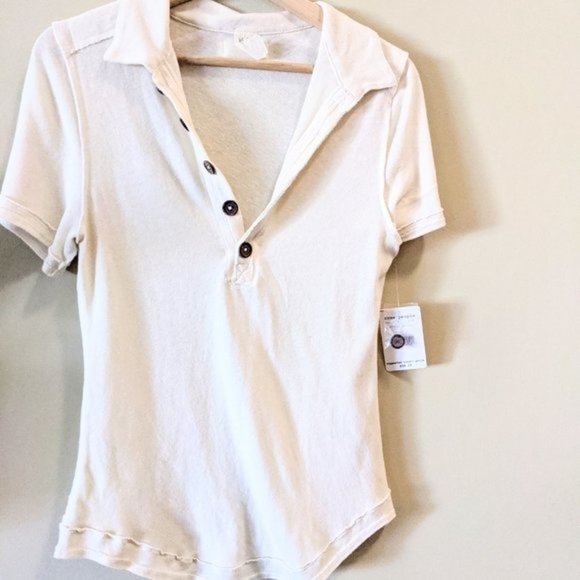 New Free People White Sands Poppy Polo Button Top - Picture 3 of 10